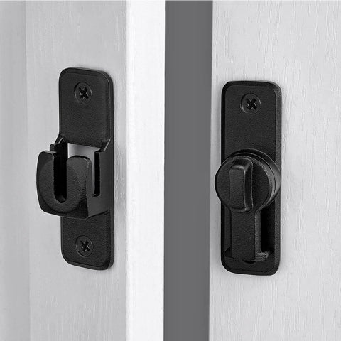 Matte Black 90 And 180 Degree Barn Door Latch Lock, Zinc Alloy Flip Latch For Cabinets, Bathrooms, Barns, Gardens, Windows And Small Pet Cages, Right Angle Door Lock, Easy Install No Brainer Security For Any Home showing installed view on white doors.