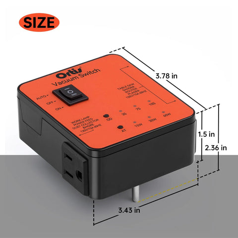 Front view of orange Ohi Vacuum Switch with black base, auto/on/off switch, and two tool outlets.