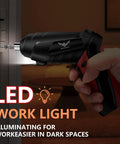 Killer 3.6V Cordless Electric Screwdriver Kit With Mini Drill Bits And One Touch Switch in use with LED work light illuminating a screw.