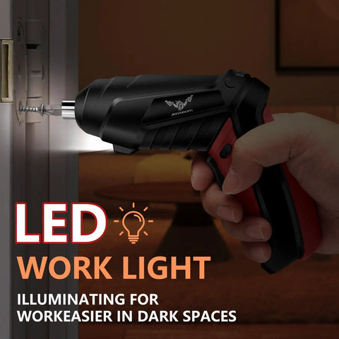 Killer 3.6V Cordless Electric Screwdriver Kit With Mini Drill Bits And One Touch Switch in use with LED work light illuminating a screw.