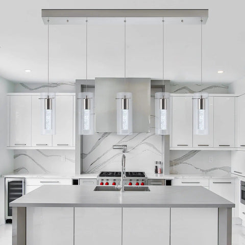 Brushed Nickel 5 Light Pendant Fixture Set For Kitchen Island, Dimmable 40W 3400 Lumen Super Sleek Modern Pendant Lights in kitchen