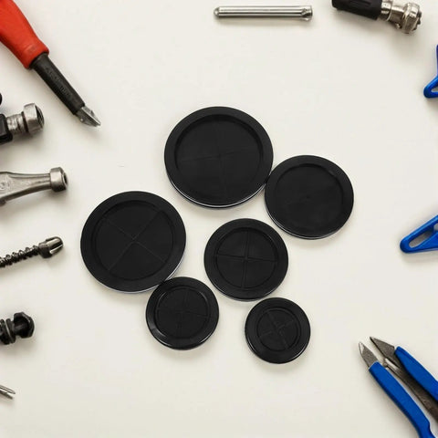 Double Sided Rubber Cable Grommet Kit For Desk Cable Holes, 12 Pack Black Round Hole Seals on white desk