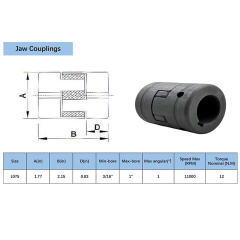 Diagram and 3D view of Flexible L Jaw Coupling Set For One Half To Seven Eighths Inch Bores Three Piece L075 With Rubber Spider