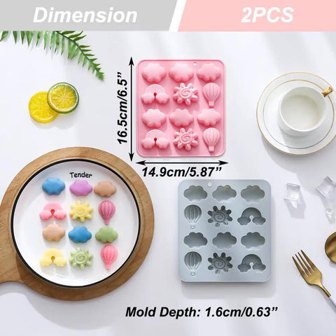 2 Pack Silicone Chocolate Molds With 12 Cavities Sun Cloud Rainbow Hot Air Balloon Shapes displayed with candies on plate
