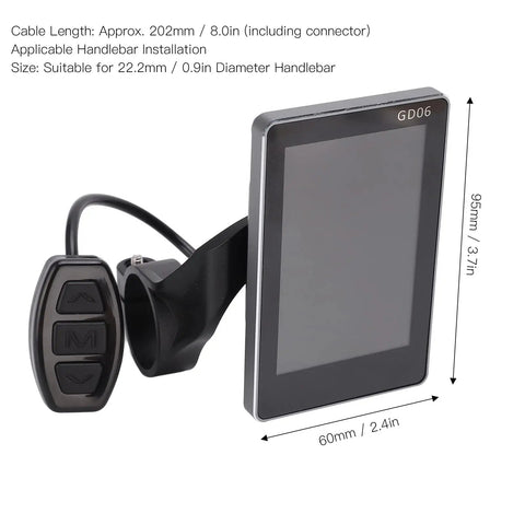 GD06 LCD Display Panel for Bikes and Electric Scooters, shown with handlebar mount and 95x60mm dimensions.