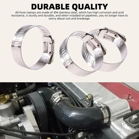 150 Piece Stainless Steel Hose Clamp Kit One Quarter To One Half Inch Adjustable Worm Gear Clamps shown in use on engine