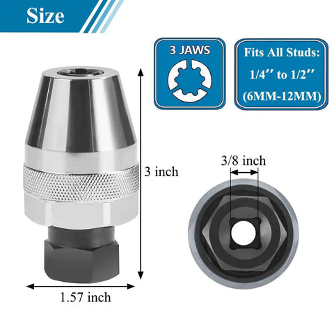 Heavy Duty Damaged Bolt And Stud Extractor Tool with 3/8 inch drive and 1/4 to 1/2 inch fit, detailed size view