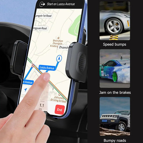 Zero Shake Car Phone Holder With Metal Hook Clip And Air Vent Cell Phone Mount securing a smartphone displaying GPS navigation.