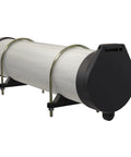 6 Inch Diameter PVC Conduit Carrier Kit Black With Mounting Hardware shown with steel frame and caps for secure pipe transport
