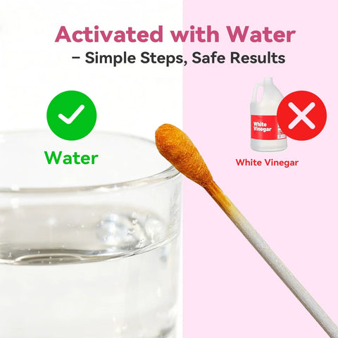 Front view: AssuTest lead test kit: glass of water with green check; white vinegar with red X beside a test swab.