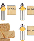 Top Shelf 6 Piece Half Inch Shank Router Bit Set For Flawless Corner Rounding And Edge Forming Hella Sharp Carbide Blades With Heat Resistant Teflon Coating For Killer Woodworking Results showing 1/8, 1/4, and 5/16 inch radius router bits on wood.