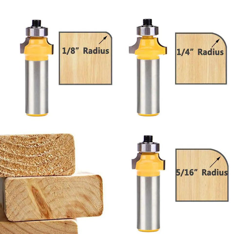 Top Shelf 6 Piece Half Inch Shank Router Bit Set For Flawless Corner Rounding And Edge Forming Hella Sharp Carbide Blades With Heat Resistant Teflon Coating For Killer Woodworking Results showing 1/8, 1/4, and 5/16 inch radius router bits on wood.