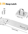 2 Pack 5 Inch Stainless Steel Door Hasps And Latches With Extra Thick Hinge Locks Brushed Finish For Gate Cabinet Closet And Shed Includes Screws Durable Rustproof Corrosion Resistant 304 Stainless Steel with dimensions and screw shown