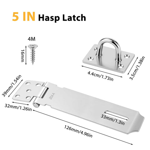 2 Pack 5 Inch Stainless Steel Door Hasps And Latches With Extra Thick Hinge Locks Brushed Finish For Gate Cabinet Closet And Shed Includes Screws Durable Rustproof Corrosion Resistant 304 Stainless Steel with dimensions and screw shown