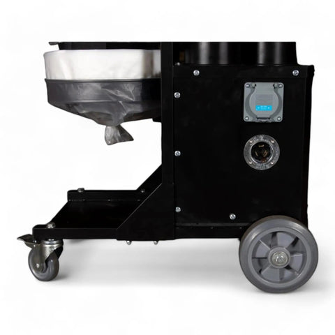 Rock Solid Three Motor HEPA Dust Collector With Reverse Air Jet Pulse Filter Cleaner Built For Demanding Shops Hella Powerful 110V Industrial Extraction Tool side view showing filters and wheels.