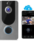 Smart Wireless Doorbell Camera With 1080P HD Video IP65 Weatherproof Outdoor Clear Night Vision beside smartphone app view