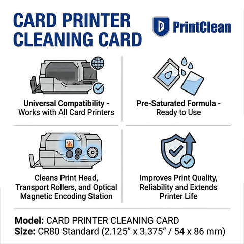 Keep Your ID Card Printer Rolling Smooth And Looking Slick With This Premium CR80 Cleaning Pack Designed For CP40 CP60 CP80 CD800 SP25 SP35 SP55 SP75 SD160 SD260 SD360 Series That Delivers Zero Drama Fixes Every Time. Image of card printer cleaning card showing features and compatibility.