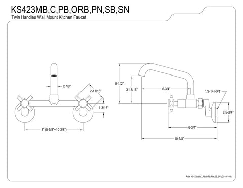 Diagram of No-Drip Two-Handle Wall Mount Kitchen Faucet In Brushed Nickel, Solid Brass, Adjustable Center Span From About Five To Ten Inches, 1.2 GPM At 60 PSI, Ceramic Disc Cartridge, Half Inch NPT Inlet