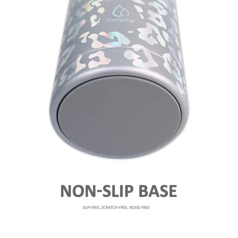 Laser Leopard Skinny Can Cooler Made With Double Wall Vacuum Insulated Stainless Steel features a non-slip base for stability.
