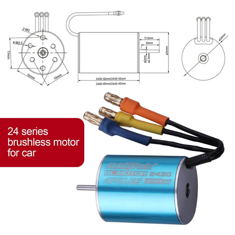 Diagram and image of Beefed-Up 2430 7200KV Brushless Motor And 25A ESC Combo for 1/18 RC cars, showing dimensions and wire connectors.