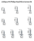 Top Shelf Mini Screw Kit With 1500 Nickel Plated Phillips Fasteners That Fit Like A Glove For Watch Repair Glasses Fixing And Tiny Electronics Upgrades No Fuss Solid Gear showing various screw sizes and specifications.