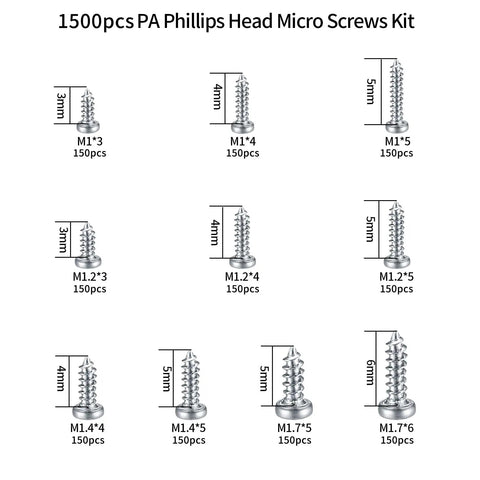 Top Shelf Mini Screw Kit With 1500 Nickel Plated Phillips Fasteners That Fit Like A Glove For Watch Repair Glasses Fixing And Tiny Electronics Upgrades No Fuss Solid Gear showing various screw sizes and specifications.