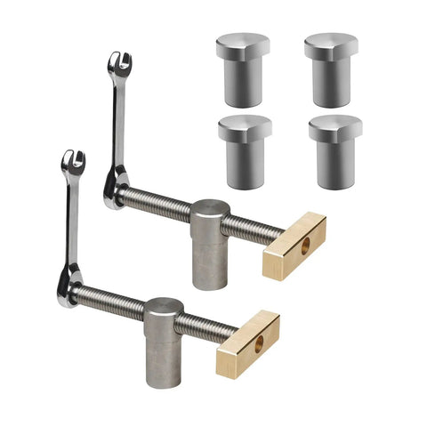 Heavy Duty 2 Pack Bench Dog Clamps With 4 Pack Woodworking Hold Downs Fits 19mm Holes adjustable stainless steel gear close-up.