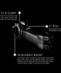 Coast Stem For MTB And Gravel Bikes With Integrated Action Camera Or Headlight Mount, 31.8mm clamp, 7° rise, detachable mount.