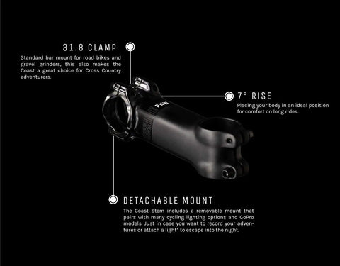 Coast Stem For MTB And Gravel Bikes With Integrated Action Camera Or Headlight Mount, 31.8mm clamp, 7° rise, detachable mount.