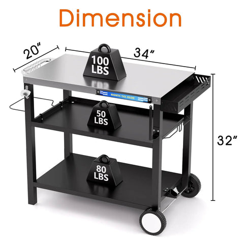Outdoor Stainless Steel Grill Table 34 Inch Long By 20 Inch Wide With Magnetic Tool Holder Wheels Hooks Side Tray And Handle