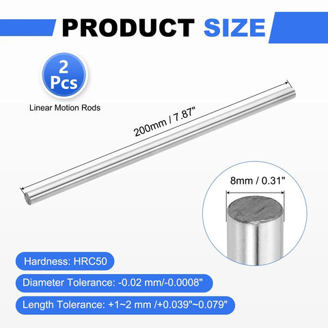 8mm x 200mm Linear Motion Rods Set With Hardened Chrome Plated Coating HRC50, showing dimensions and specifications