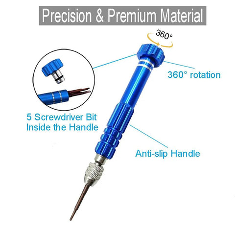 Five In One Pocket Precision Screwdriver Set For Glasses And Electronics With Swivel Head And Non Slip Grip, blue handle