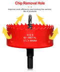 Front view of red 86mm HSS bi-metal hole saw with center drill bit and arbor for wood and plastic