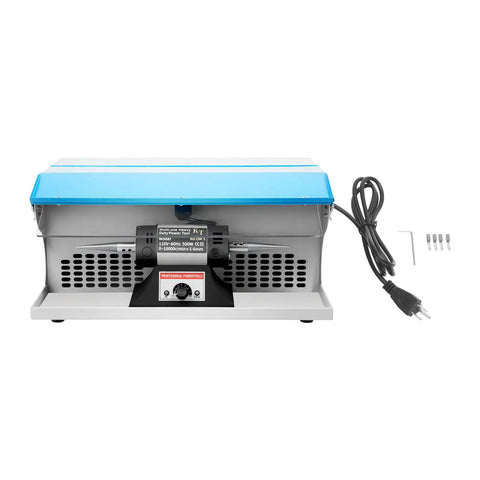 Front view of Pro Grade 500W Jewelry Polishing Machine with instant setup, 0 to 10000 RPM variable speed, indicator light, and copper motor