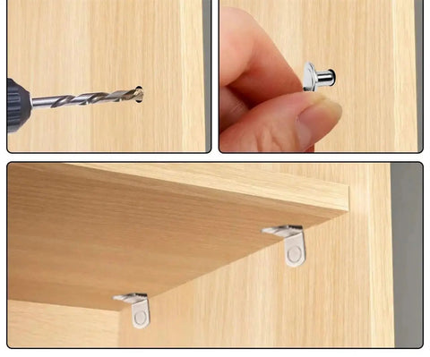Beefy Heavy Duty Shelf Brackets And Wall Mounts For Cabinets And Closets being installed with drill and pegs.