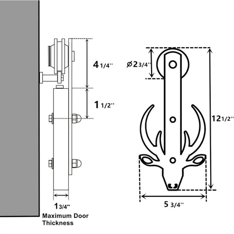 Rustic Black Non Bypass Sliding Barn Door Hardware Kit dimensions diagram for two doors, showing components and measurements.