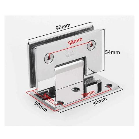 Premium Stainless Steel 304 Wall Mount Glass Shower Hinges For Frameless Bathroom Doors, 90mm x 50mm dimensions, heavy-duty design.