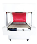 Heavy Duty Two In One Tabletop Shrink Wrap Machine for Bottles and Flat Packs with red backdrop and roller setup.