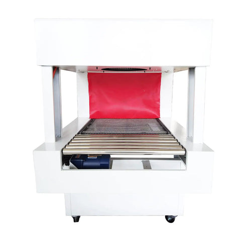 Heavy Duty Two In One Tabletop Shrink Wrap Machine for Bottles and Flat Packs with red backdrop and roller setup.