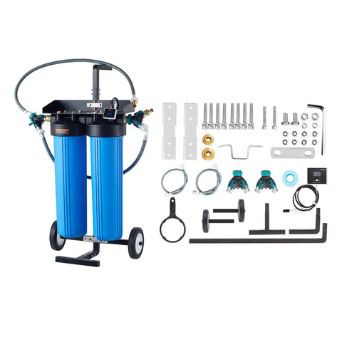 Deionized Water System For Car Wash With Integrated TDS Meter And Dual Outlet Mode with blue dual filter and accessories displayed