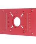 Top Shelf Aluminum Alloy Router Table Insert Plate With Wicked Smooth Lift System And Two Swap Ready Rings For Garage Woodworking Benches Shop Badass Heavy Duty Router Base Board Accessory Sharp Red Finish, showing engraved ruler.