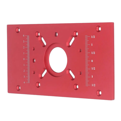 Top Shelf Aluminum Alloy Router Table Insert Plate With Wicked Smooth Lift System And Two Swap Ready Rings For Garage Woodworking Benches Shop Badass Heavy Duty Router Base Board Accessory Sharp Red Finish, showing engraved ruler.