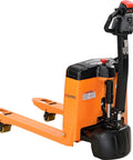 Heavy Duty Four Thousand Lb Self Propelled Electric Pallet Jack With 27 By 45 Inch Stainless Forks and Polyurethane Wheels for Smooth Operation on Warehouse Floors Features Automatic Safety Braking, close-up view of the jack