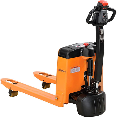 Heavy Duty Four Thousand Lb Self Propelled Electric Pallet Jack With 27 By 45 Inch Stainless Forks and Polyurethane Wheels for Smooth Operation on Warehouse Floors Features Automatic Safety Braking, close-up view of the jack