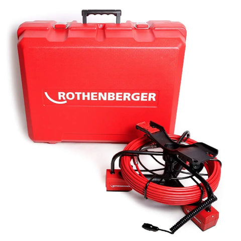 Top Shelf Pipe Inspection Camera Cable Reel Module With Flexible Waterproof Camera Head For Nailing Clogs In Two To Four Inch Drain Lines Recording Video And Photos Right On The Spot in a red case with coiled wire.