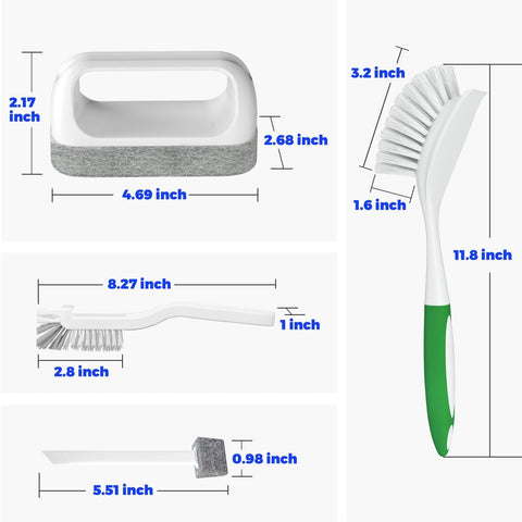 Holikme 6-pack kitchen cleaning brushes green; front compact sponge brush, long-handled bristle brush, and scraper.