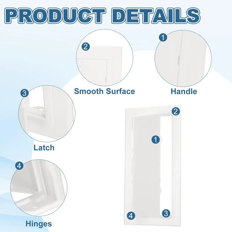 Top Shelf Drywall Access Panel And Wall Hole Cover Fits 12 By 6 Inches With Strong Peel And Stick Mounting showing handle, latch, and hinges.