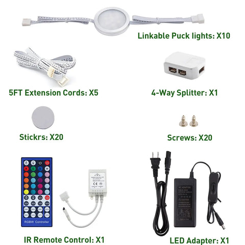 Under Cabinet LED Light Kit Dope 24V RGBW Puck Lights, Remote, Adapters, and Accessories Displayed