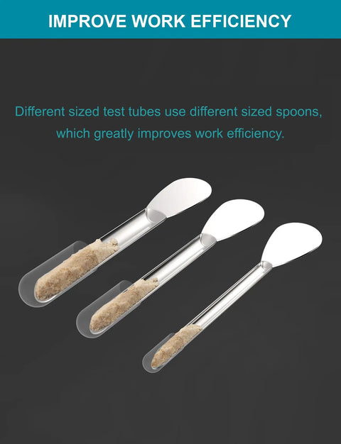 Lab Tube Rack Filling Tray Kit With 36 Hole Microcentrifuge Rack, three different sized spoons shown with granules