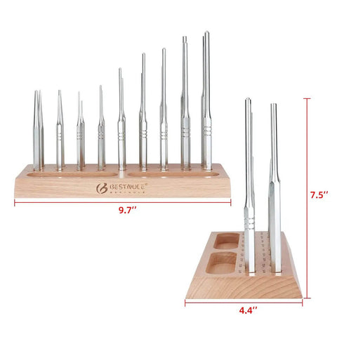 Roll Pin Punch Set With Steel Center Punch And Nail Punch In Beech Block Case displayed front and side view.